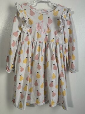 Girls White Long-Sleeve Pear Print Dress - Pink & Yellow